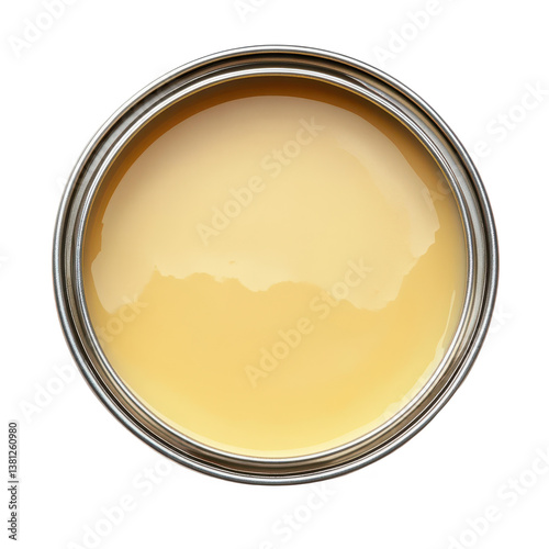 A metal can with ribbed sides and open lid revealing creamy yellow condensed milk on a transparent background