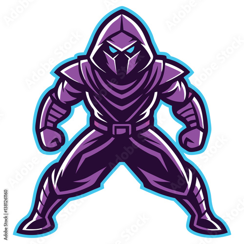 Stylized Purple Ninja Mascot with Blue Eyes and Outline on Transparent Background