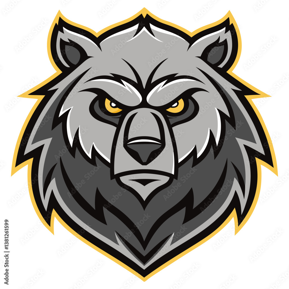 Fototapeta premium Cartoon Gray Bear Head with Yellow Eyes and Edges on a White Background