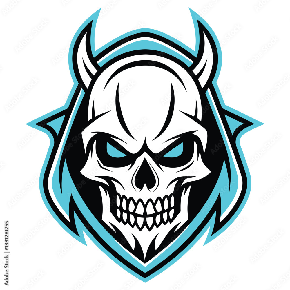 Horned Skull with Turquoise Eyes, Outline Style, Transparent Background Mascot Design