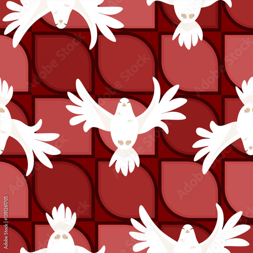 White dove symbol of the Holy Spirit in a seamless pattern on a red background to Pentecost