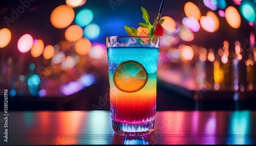 colorful cocktail served in a clear glass illuminated by vibrant neon lights in a lively nightlife setting