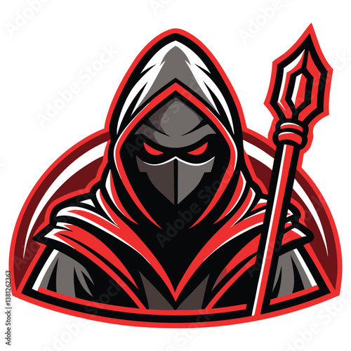 Hooded Warrior Emblem with Red Spear & Glowing Eyes over Transparent Background