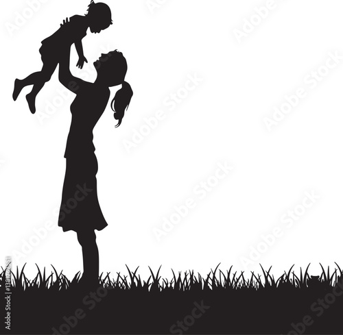 Happy Mother Playing With Child Silhouette In The Park