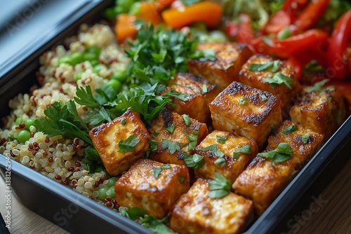 Healthy quinoa salad with grilled tofu, colorful vegetables, and fresh herbs perfect for a wholesome meal. Lunch box with grilled tofu, quinoa, and an assortment of fresh vegetables