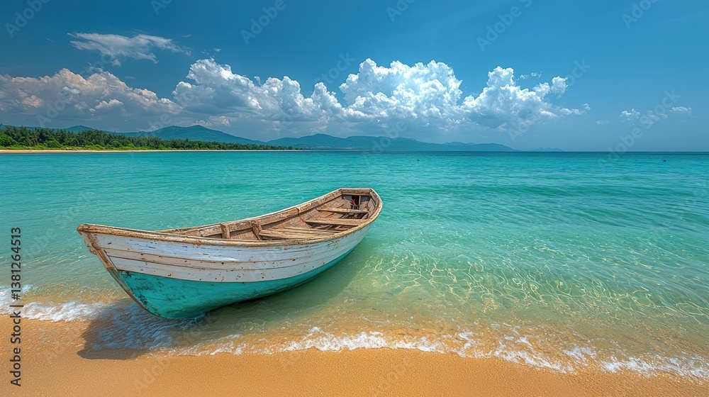 Serene Beachscape: A Wooden Boat at Rest on Turquoise Waters Serene Beachscape: A Wooden Boat at Rest on Turquoise Waters