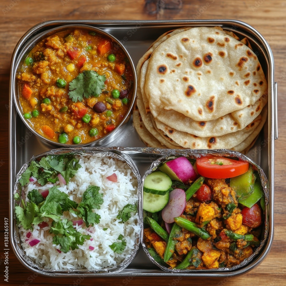 Delicious and Nutritious Indian Thali Meal: Featuring Vegetable Curry, Roti, Rice with Cilantro, and Fresh Vegetable Salad