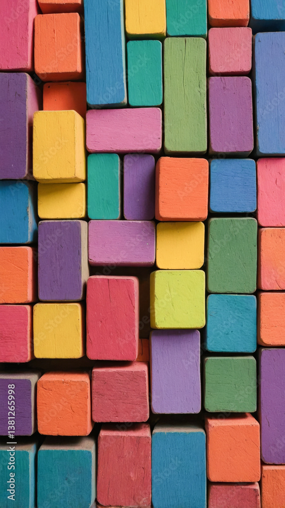 Vibrant geometric arrangement of colored blocks creating a modern decorative design for backgrounds and textures Vibrant geometric arrangement of colored blocks creating a modern decorative design for backgrounds and textures