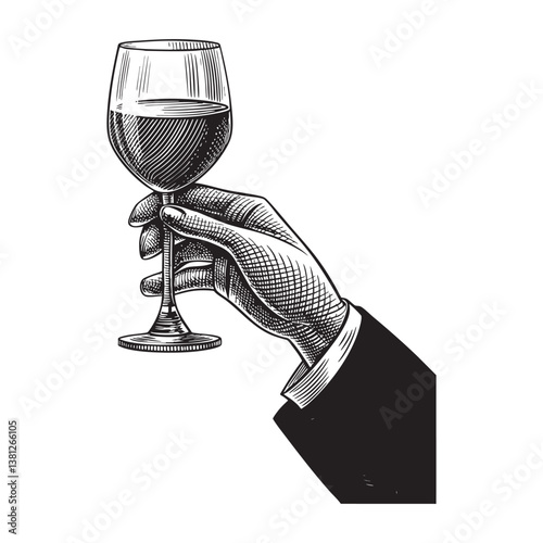 hand with glass of wine vector engraving illustration