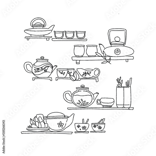 Tea set illustration on shelves with background
