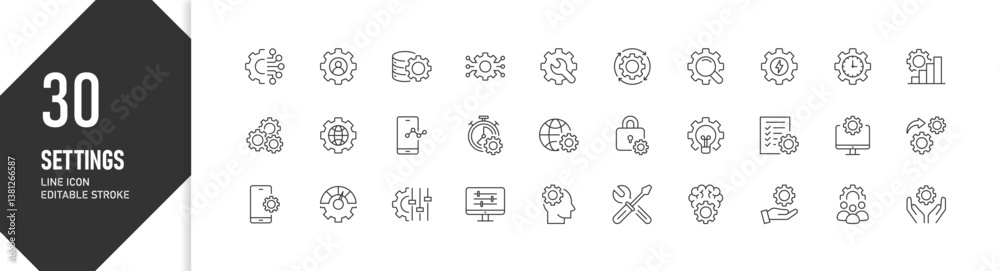 Settings line icons with editable stroke, representing configuration and optimization Settings line icons with editable stroke, representing configuration and optimization