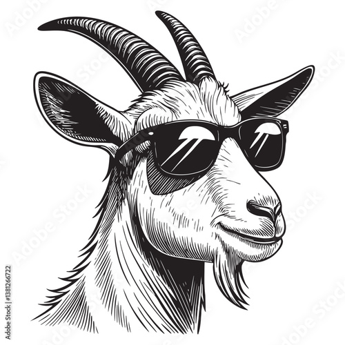 goat wearing sunglasses vector engraving illustration
