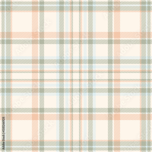 Elegant pastel plaid pattern.  Soft peach, sage green, and light blue hues create a calming, versatile design ideal for textiles, stationery, or website backgrounds.