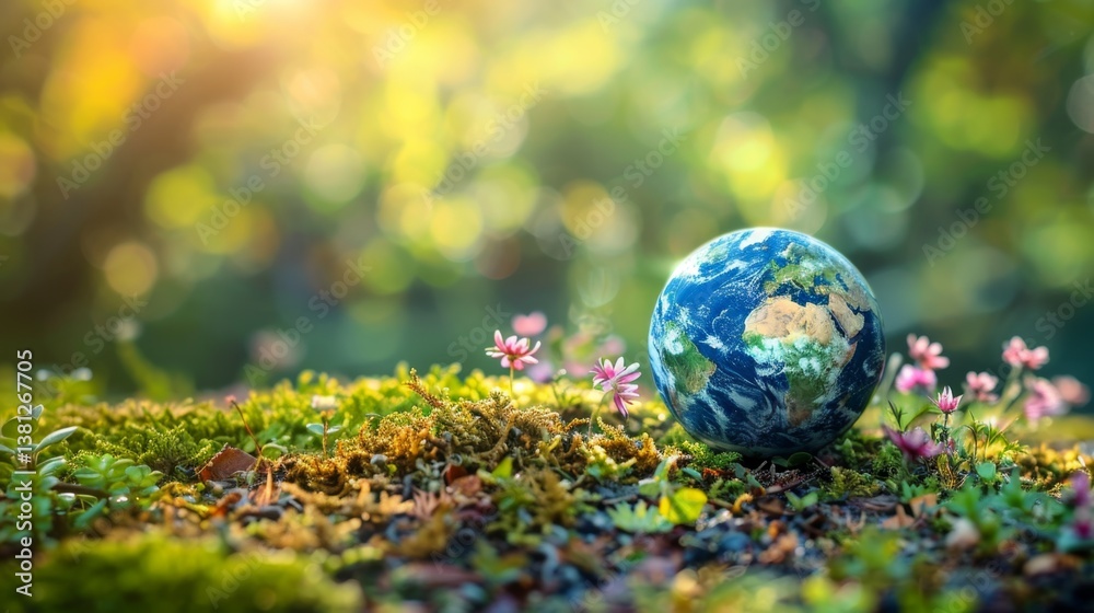 Celebrating biodiversity and eco-friendly practices with Earth surrounded by vibrant flora on a sunny day Celebrating biodiversity and eco-friendly practices with Earth surrounded by vibrant flora on a sunny day