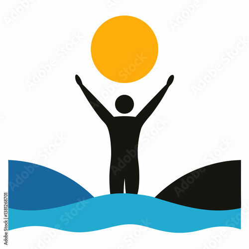 Silhouette of a man looking up at the sun with his hands raised