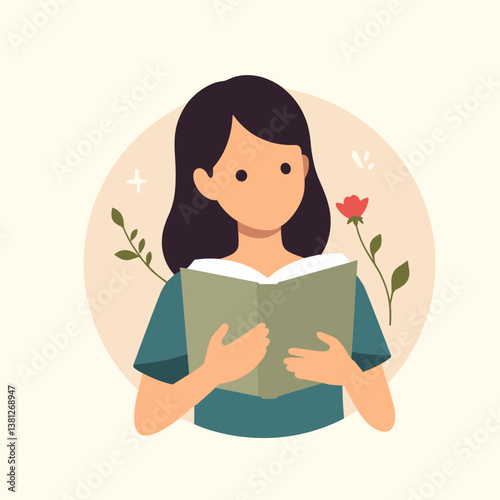 Young girl reading a book against a floral background  
