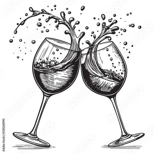 cheers two wine glasses with splash water vector engraving illustration