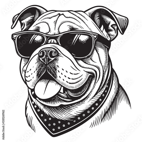 bulldog wearing sunglasses vector engraving illustration