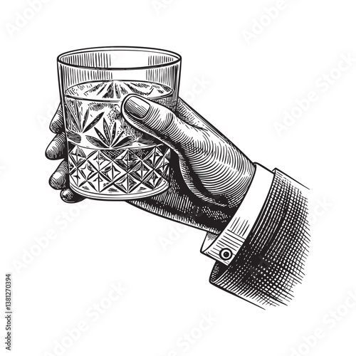 hand holding gin glass engraving vector illustration