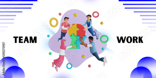 Professional Team Work Business Concept Design on Blue Background Illustration Vector. Trending Teamwork Concept Banner. Object, Group, People, Puzzle, Marketing, Workflow, Collaboration, Unity, Icon
