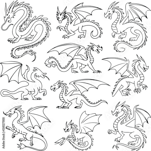 Sketch Set Dragons | Hand-Drawn Legendary Dragon Illustrations Sketch Set Dragons | Mythical Creatures and Fantasy Beast Outline Collection