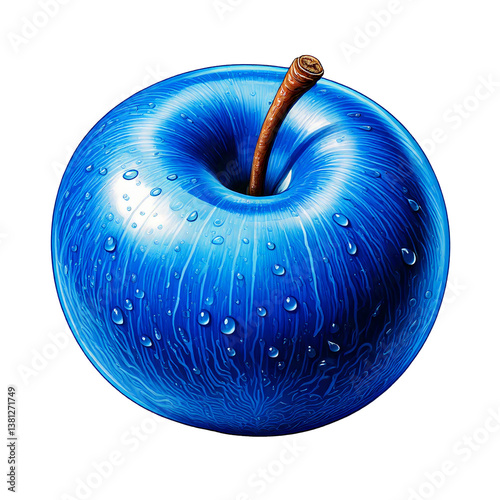 A blue apple with water drops has a fresh, artistic, symbolic and creative look, with a unique, abstract and surreal appearance.Isolated on a transparent background.