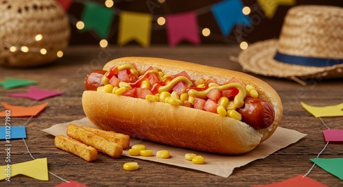Hot dog with mustard and ketchup on a plate , Festa Junina