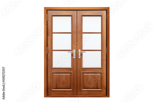 A pair of wooden double doors with glass panels and silver handles against  studio shot on transparent background png photo