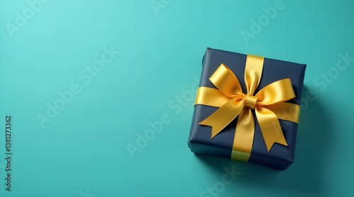 gift box with golden ribbon on teal background
