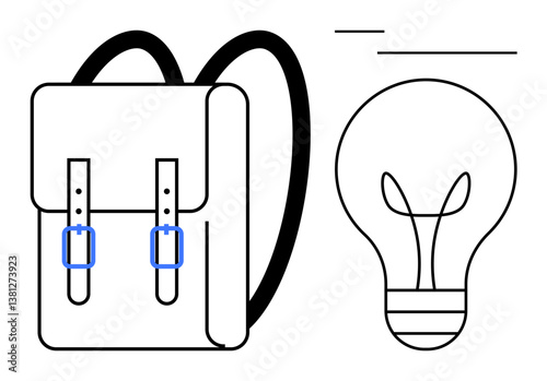 Backpack with straps and buckles beside a light bulb symbolizing education, knowledge, creativity, and innovation. Ideal for students, schools, ideas, travel, exploration personal growth flat