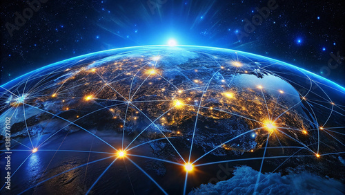 Illuminated Global Network: Digital Earth & Satellite Connectivity from Orbit.