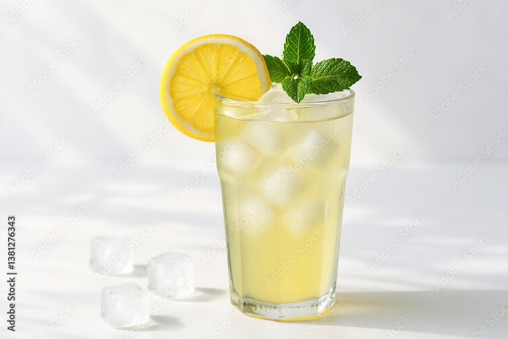 A refreshing lemon drink garnished with mint leaves, served over ice in a clear glass, perfect for hot days. A refreshing lemon drink garnished with mint leaves, served over ice in a clear glass, perfect for hot days.