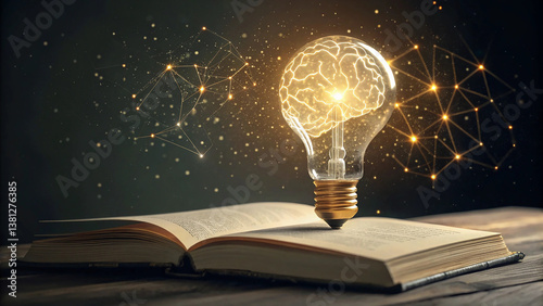 Enlightening Imagination: Brain Lightbulb Illuminates Open Book for Creative Learning.