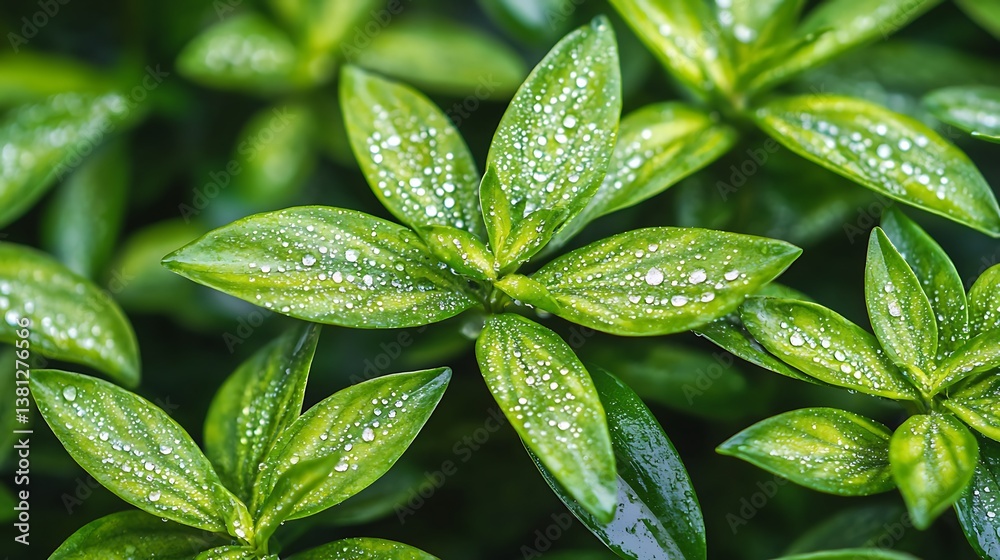 Fresh green leaves covered in dew drops Fresh green leaves covered in dew drops