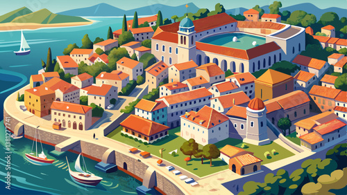Aerial view of the Old Town of Zadar, Croatia. Aerial shot of Zadar old town, famous tourist attraction in Croatia. City of Zadar historic peninsula roman architecture aerial view, Croatia