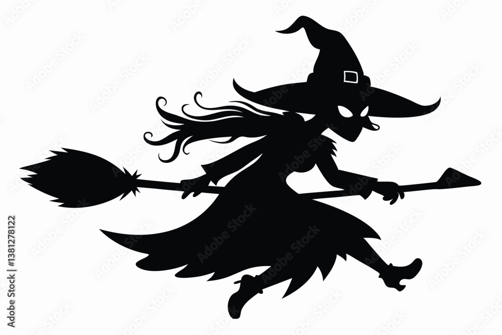 Fototapeta premium Silhouette Witch with Broom, Halloween Flying Witch, Witchcraft Design, Isolated