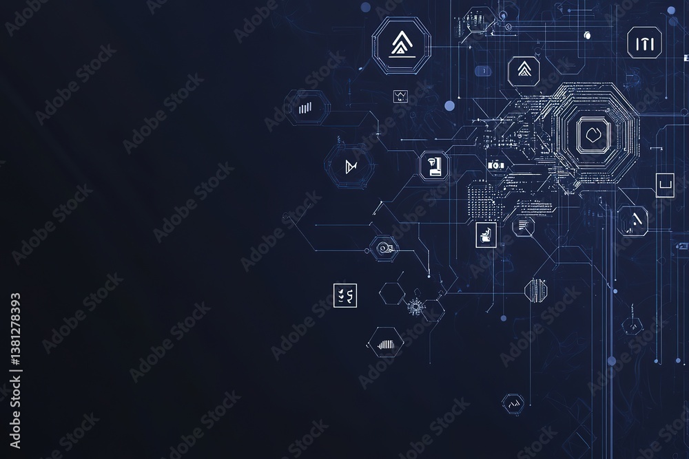 A dark blue technological circuit - like pattern with various icons, representing digital technology and data connectivity. A dark blue technological circuit - like pattern with various icons, representing digital technology and data connectivity.