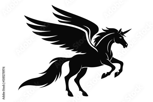 Winged Unicorn Silhouette Prancing, Majestic, Mystical Creature, Design