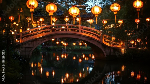 A scenic ancient bridge adorned with vibrant red lanterns and golden streamers glowing in the night