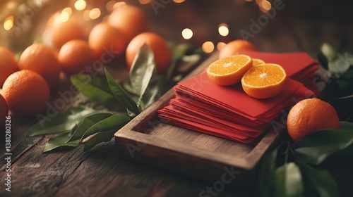 A scenic ancient bridge adorned with vibrant red lanterns and golden streamers glowing in the night