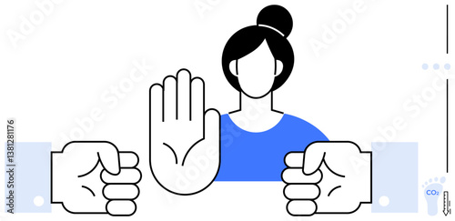 Woman with raised hand halting two clashing fists, depicting conflict resolution and boundaries. Ideal for negotiation, empowerment, female leadership, peace, justice, self-advocacy, flat simple