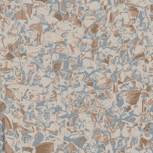 vector abstract seamless pattern background or texture with fragments of ancient clay and porcelain plates, cups, amphoras with national folk ornaments. Suitable for decorating fabric, paper, wallpape