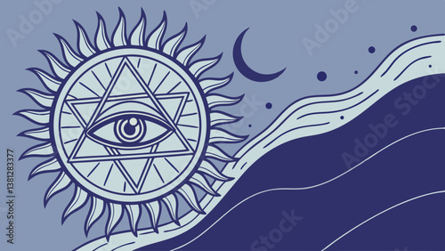 Vector illustration of a third eye and sun motif with waves and moon background for spiritual awakening 