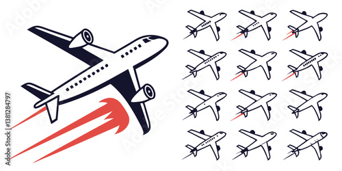 Set of Airplane line icons. Related to transportation, plane, outline, art, silhouette, vector, air and more. Thin linear style icons. Vector illustration.