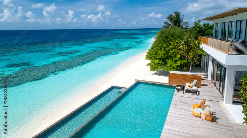 Fototapeta premium A beautiful beachfront villa with floor-to-ceiling windows, a spacious outdoor lounge, and a private pool overlooking the turquoise waters of the ocean.