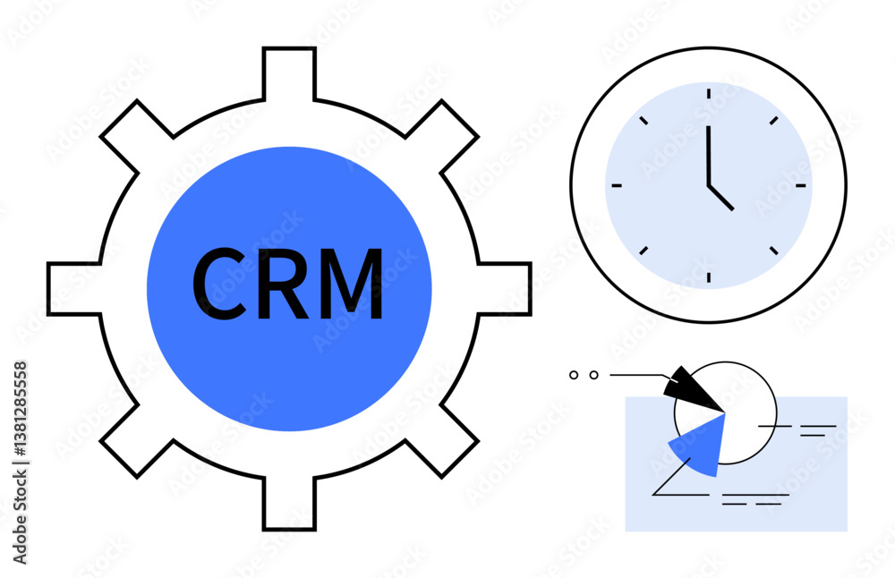 CRM gear emphasizing efficiency, analytics dashboard with pie chart, and clock symbolizing time management. Ideal for CRM tools, data integration, productivity, automation, tracking, organization CRM gear emphasizing efficiency, analytics dashboard with pie chart, and clock symbolizing time management. Ideal for CRM tools, data integration, productivity, automation, tracking, organization