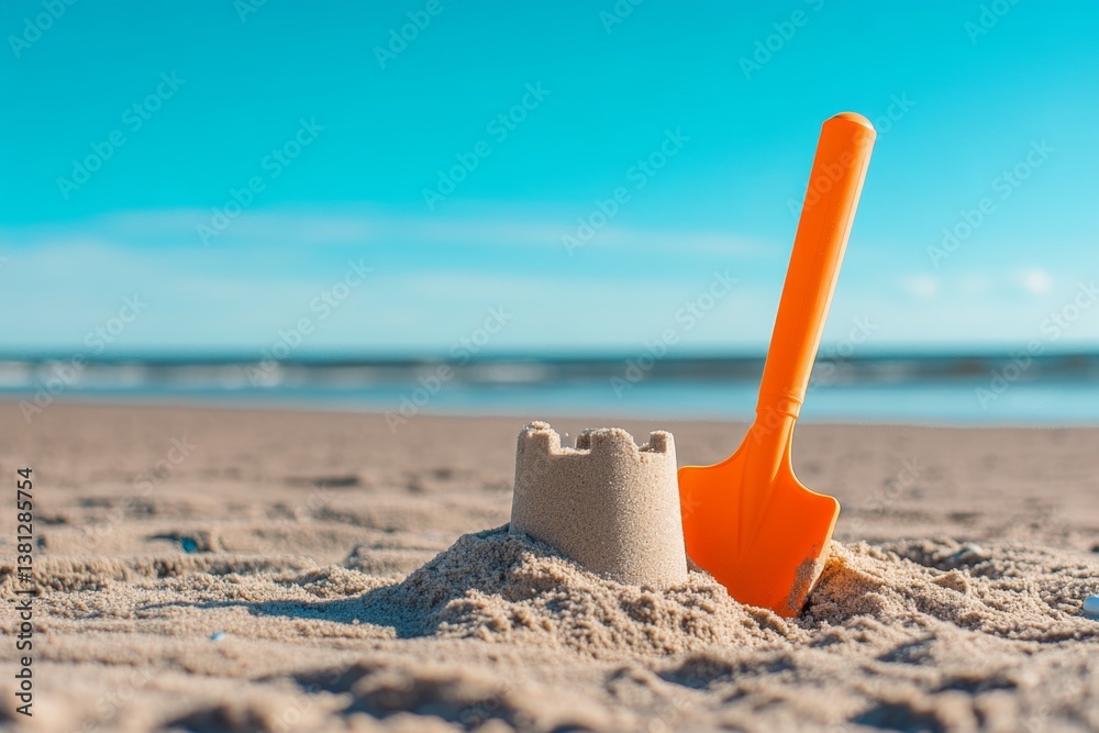 Beach sandcastle and shovel. Sunny day on the shore Beach sandcastle and shovel. Sunny day on the shore