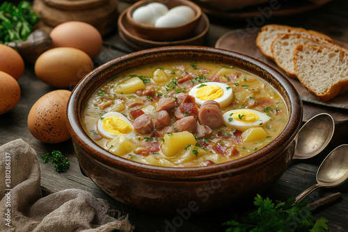 Modern Polish Żurek – A Tangy Rye Soup with Sliced Sausage and Hard-Boiled Eggs