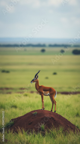 Lone Topi Antelope Standing Alert on a Termite Mound Overlooking the Loita Plains, Kenya