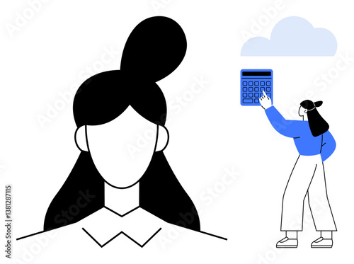 Simplified woman portrait with another figure pressing a calculator button beneath a cloud. Ideal for finance, budgeting, decision-making, calculations, technology, personal analytics, education